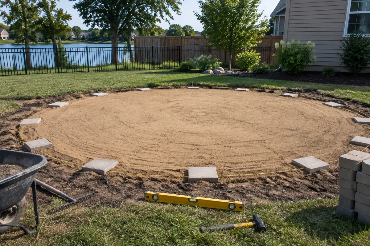 A level sand pad and paver footings under each upright: the step that decides whether the wall stays true.