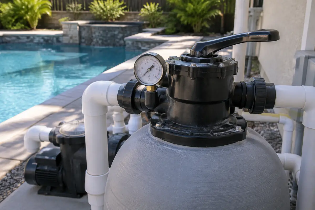 Check the filter pressure gauge and clean or backwash the filter as its manufacturer directs.