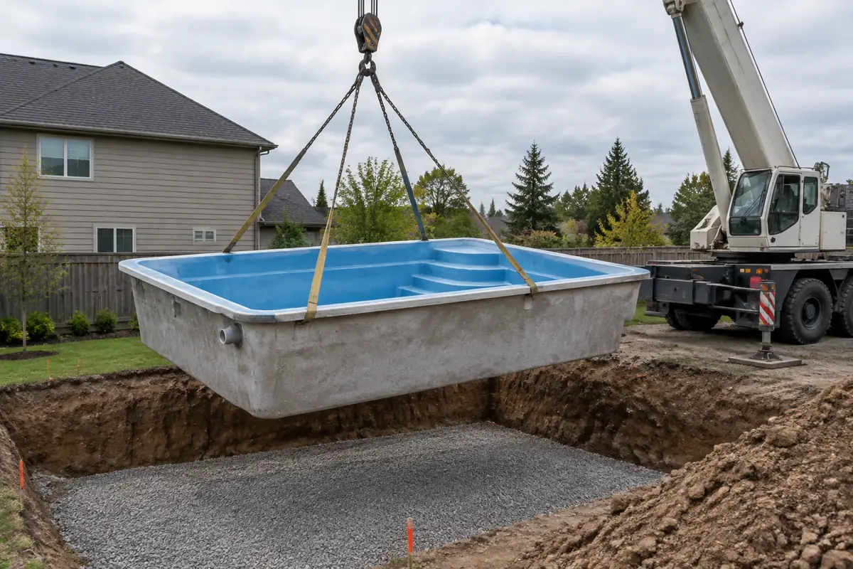 Precast and fiberglass cocktail pools usually arrive in one piece and are set by crane.
