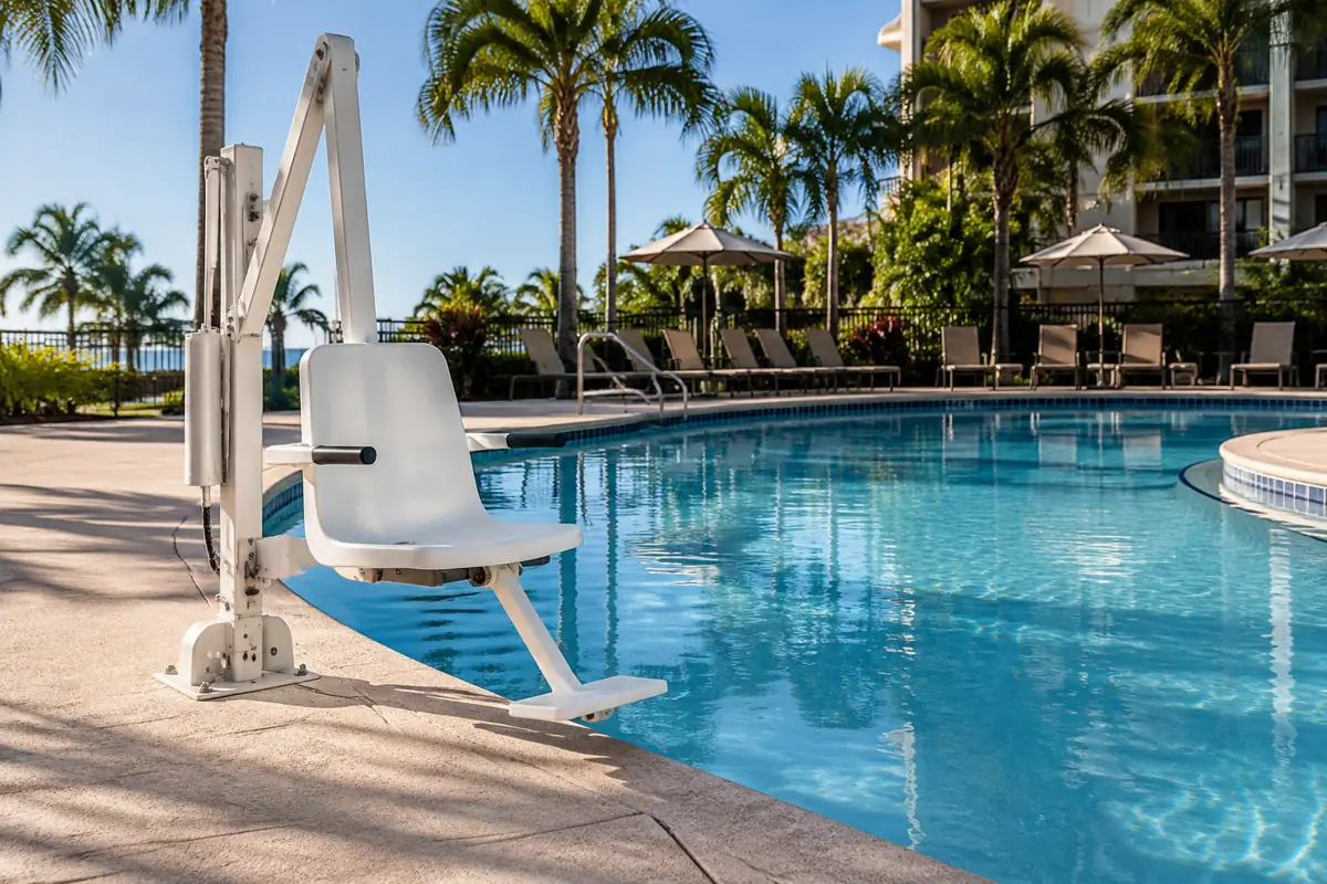 A fixed pool lift at a hotel pool: one of the accessible means of entry the 2010 ADA Standards allow.