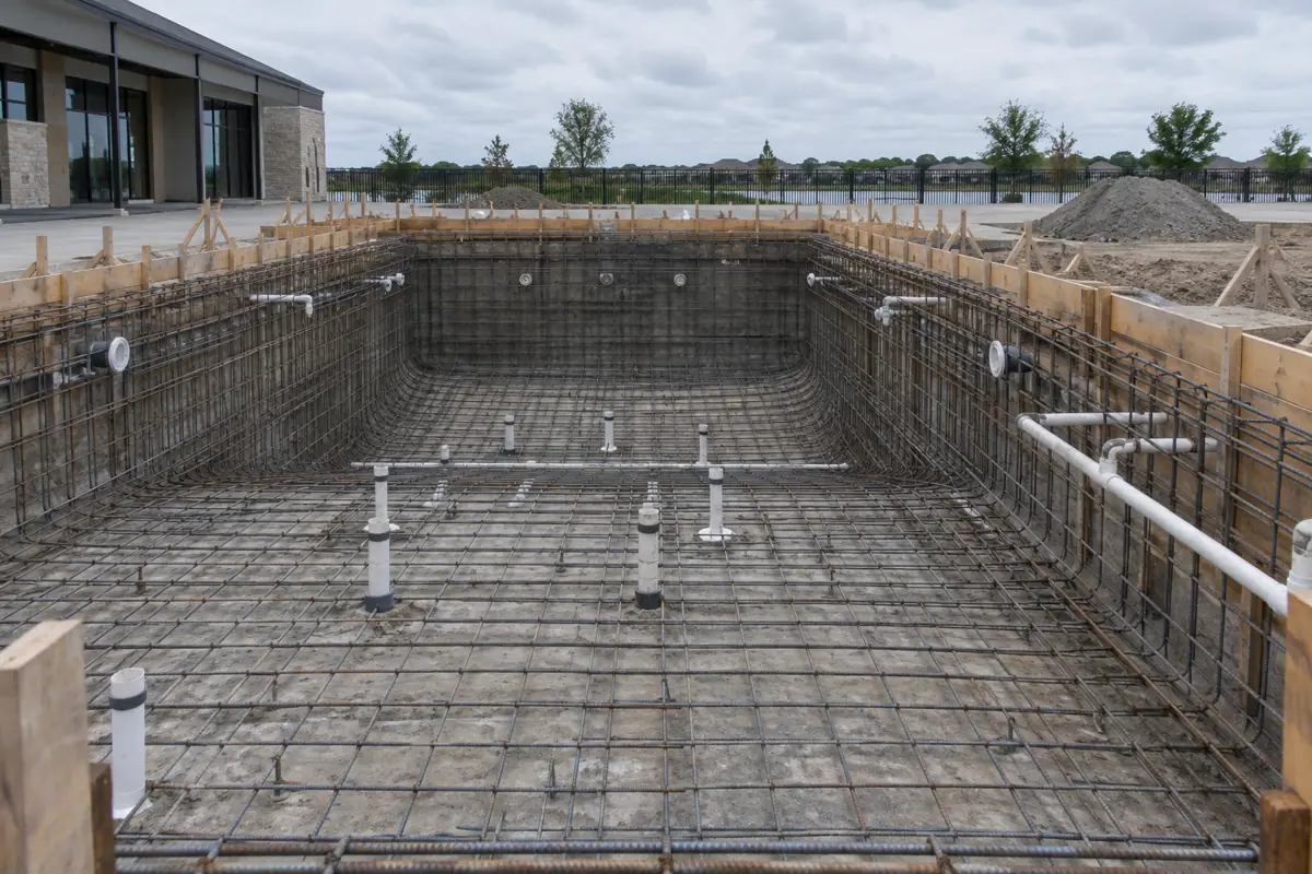Steel reinforcement in a commercial pool shell: in many counties a health inspector checks the work at this stage before shotcrete.
