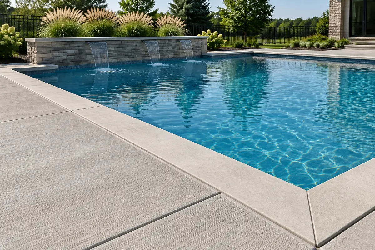 A broom-finish concrete deck sloped away from the coping, with a sealed joint between the two.