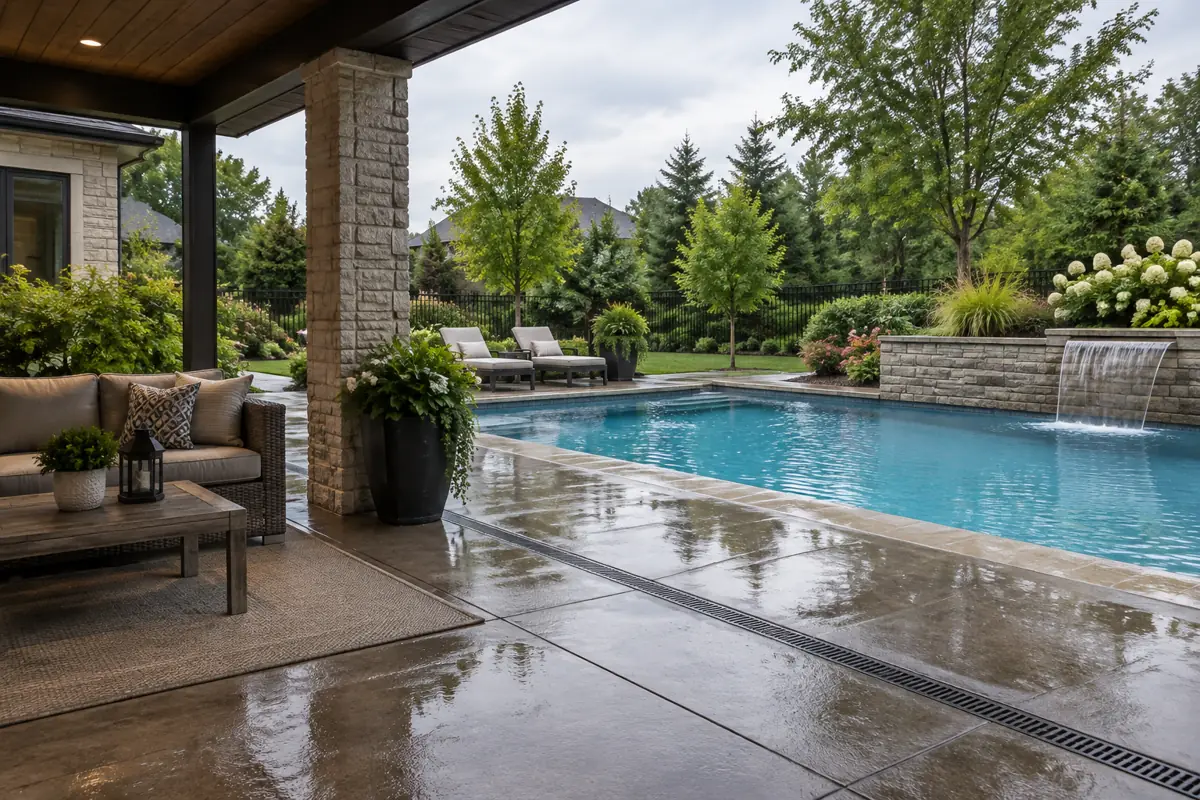 With 51.84 inches of rain in a normal year, Houston pool decks and patios are planned around drainage.