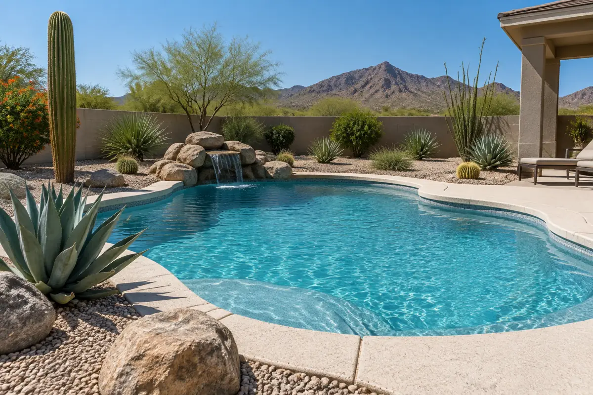 A desert-landscaped yard with a pool: the low-water planting comparison uses the MWELO low-water plant factor range.
