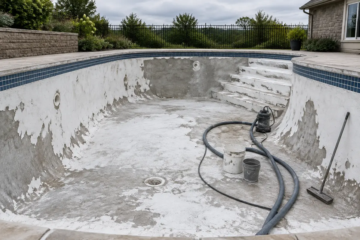 A drained concrete pool after the old plaster is chipped out: hidden cracks show up at this stage.