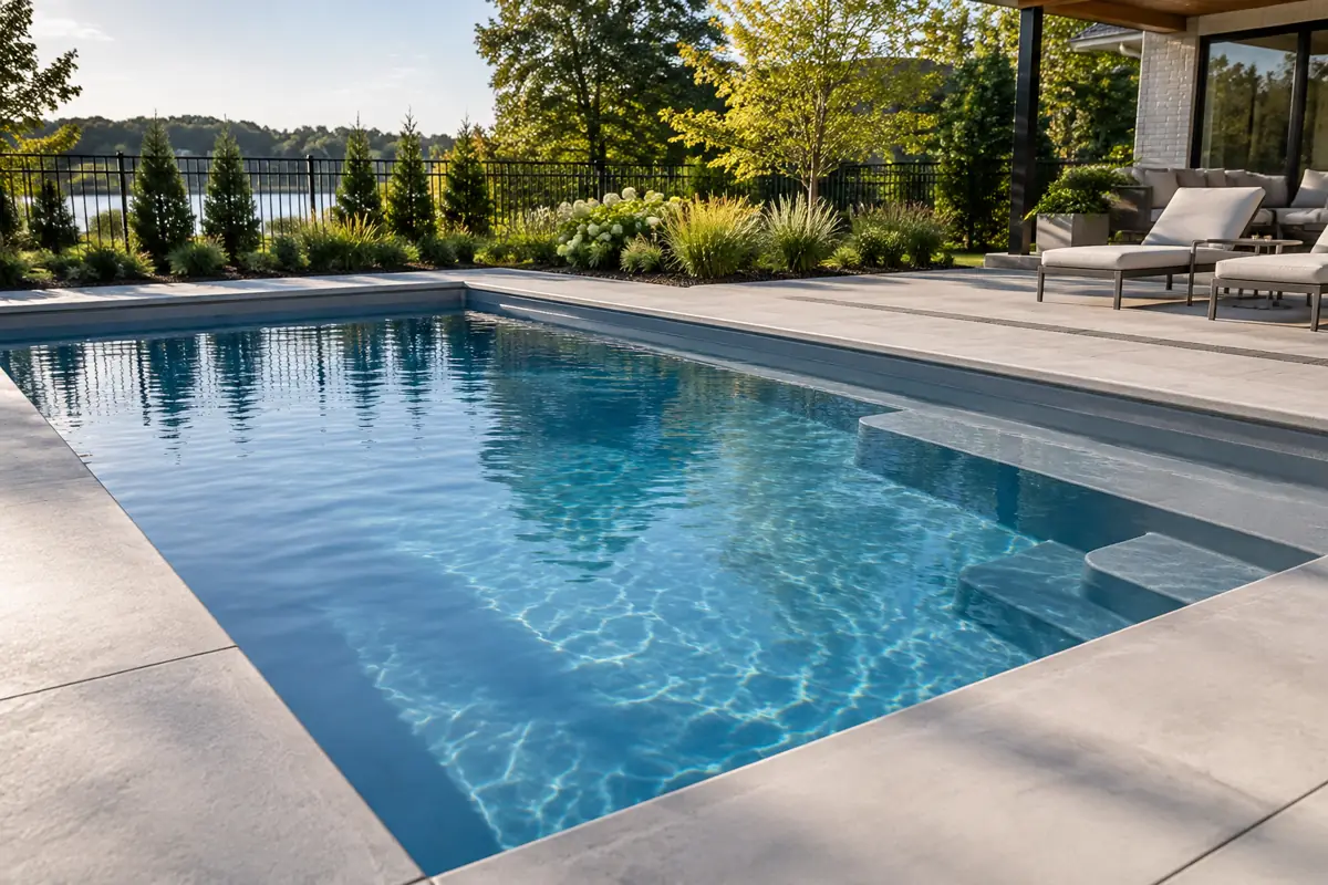 A finished fiberglass pool with a poured deck and coping, typical of a standard installation package.