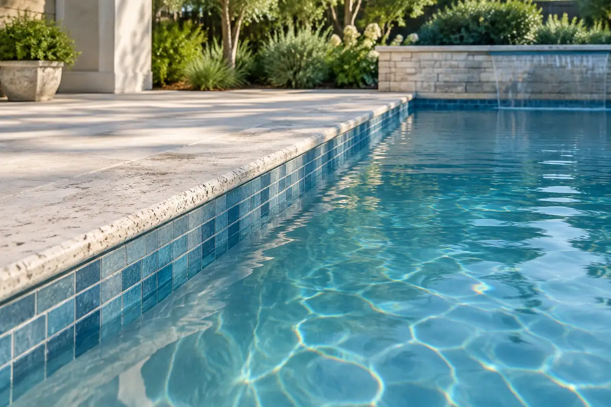 A finished concrete pool with stone coping: the coping and deck are often quoted separately from the shell.