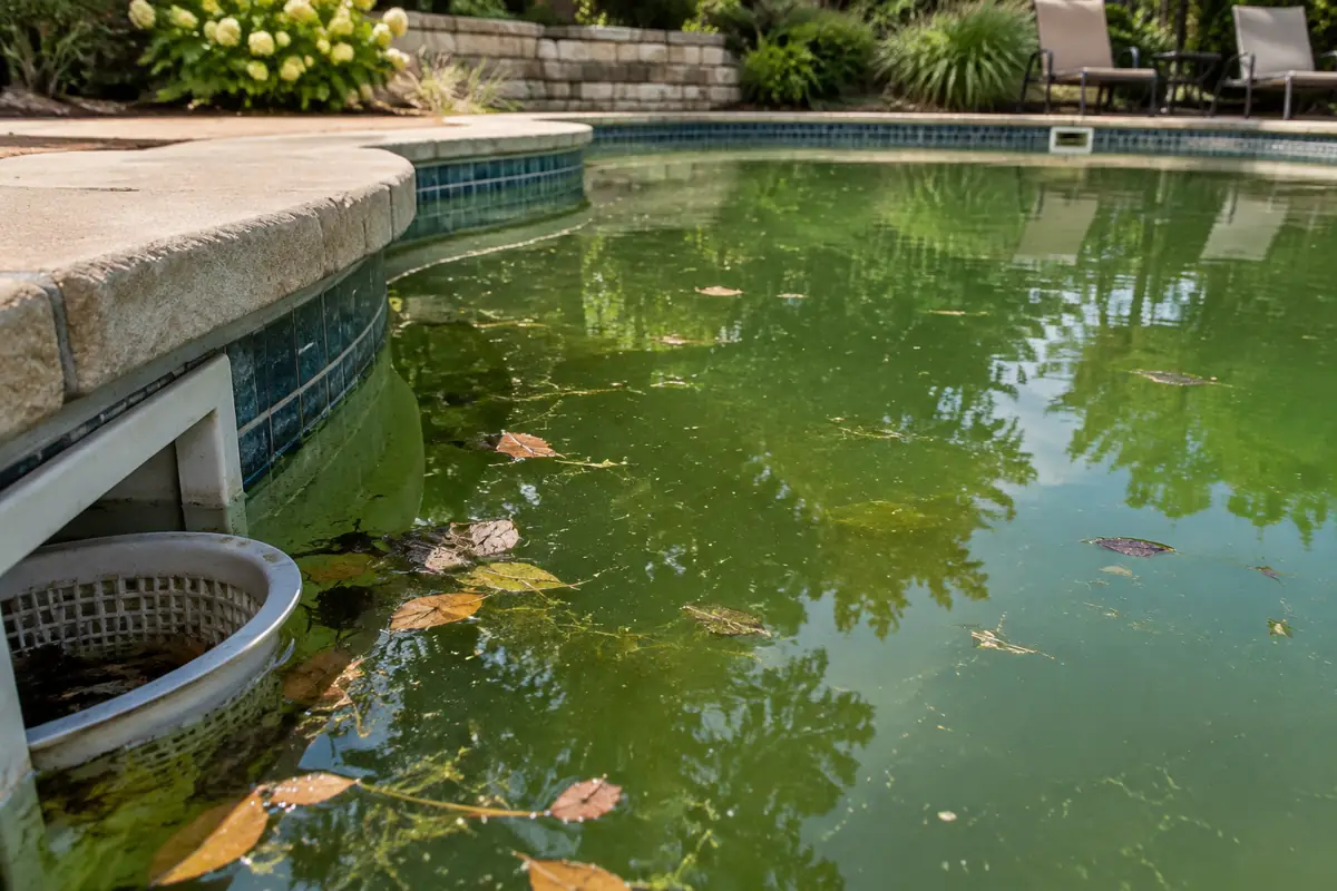 Algae-filled water in an unmaintained pool, the condition most complaints describe.