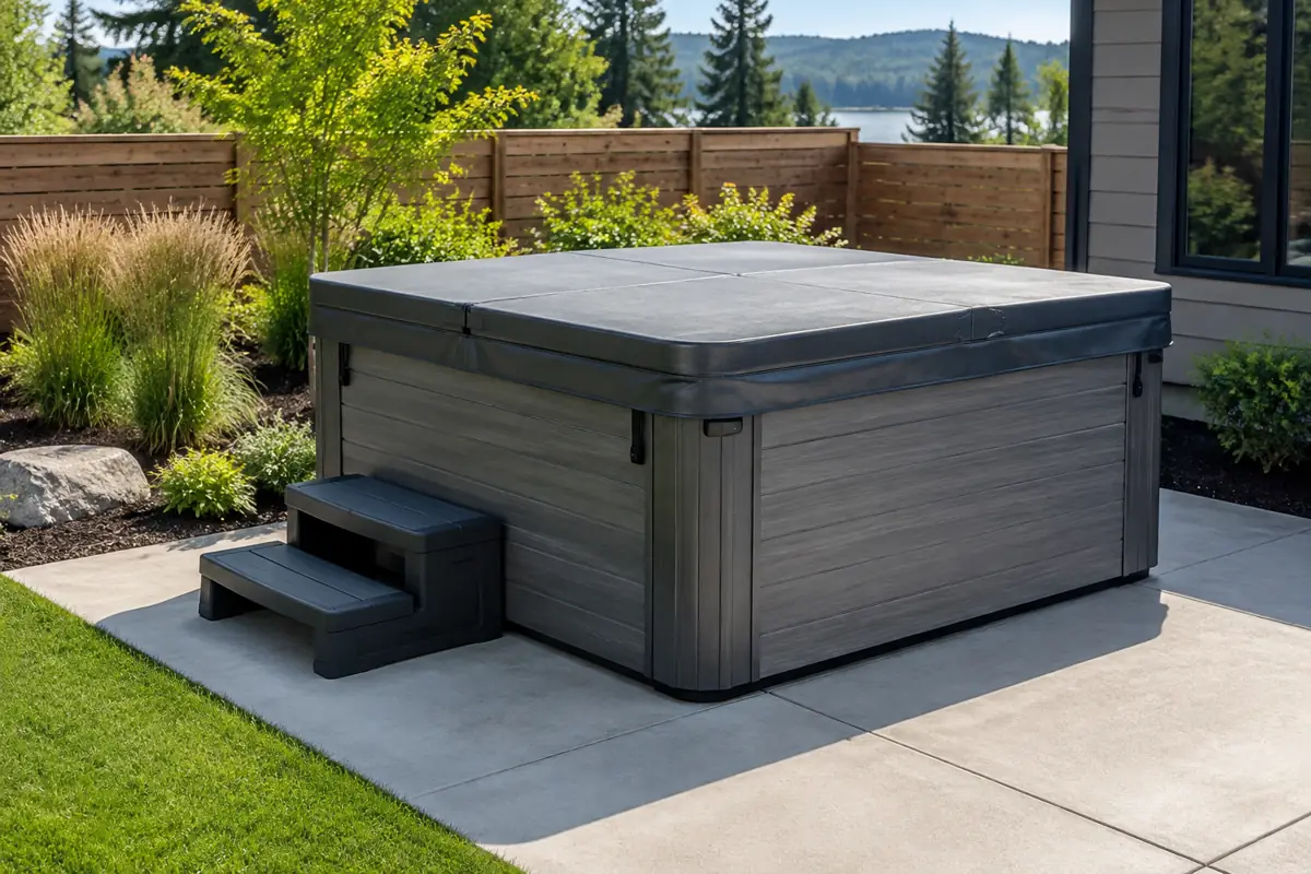An acrylic above-ground hot tub on a concrete pad, the most common shell type according to Angi.