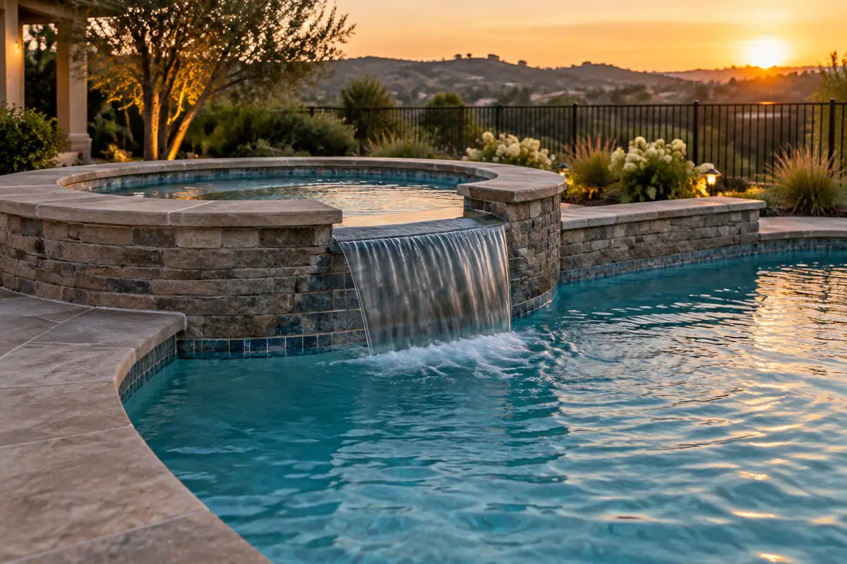 A spa built into the end of an inground pool shares the pool's equipment; Angi says building both at once saves $2,000 to $10,000.