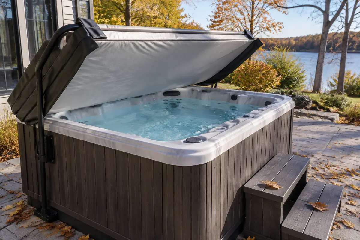 A fitted, insulated cover cuts heat loss; Jacuzzi budgets $300 to $800 for a replacement every 3 to 5 years.