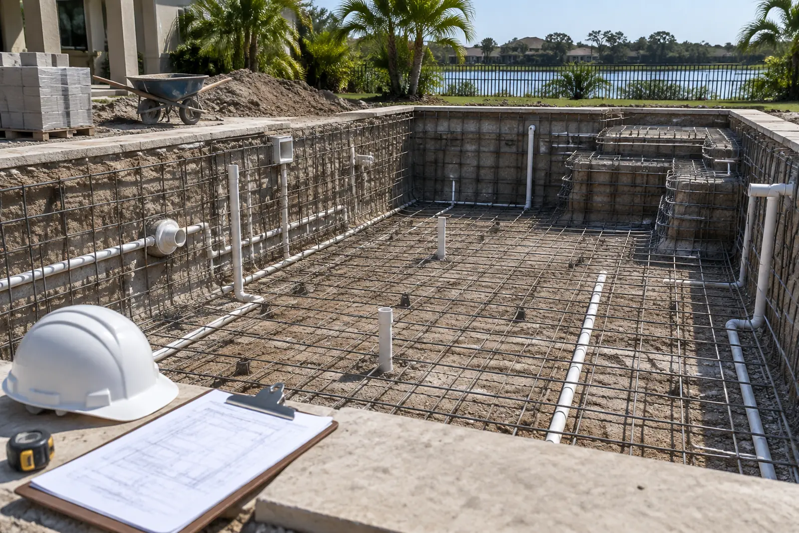 Pool under construction with rebar and plumbing in the excavated shell