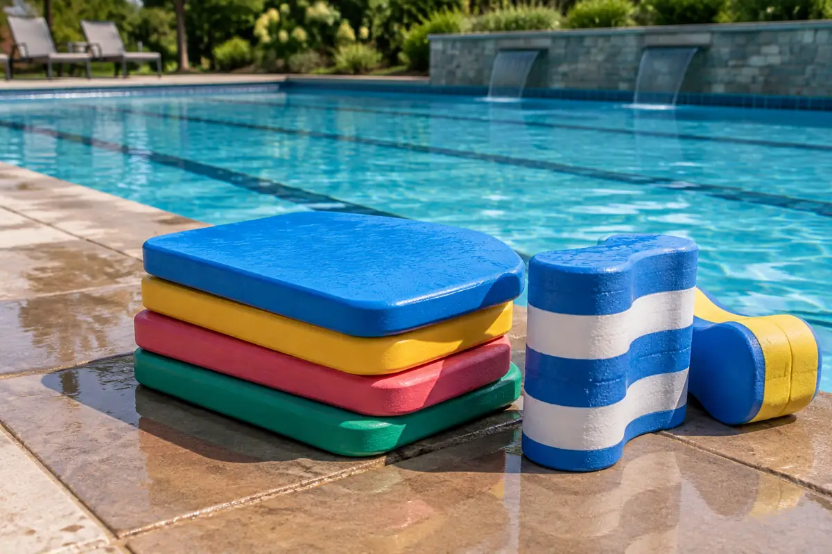 Kickboards on a pool deck. 74% of US parents said in 2017 that their child aged 6 to 18 can swim independently.