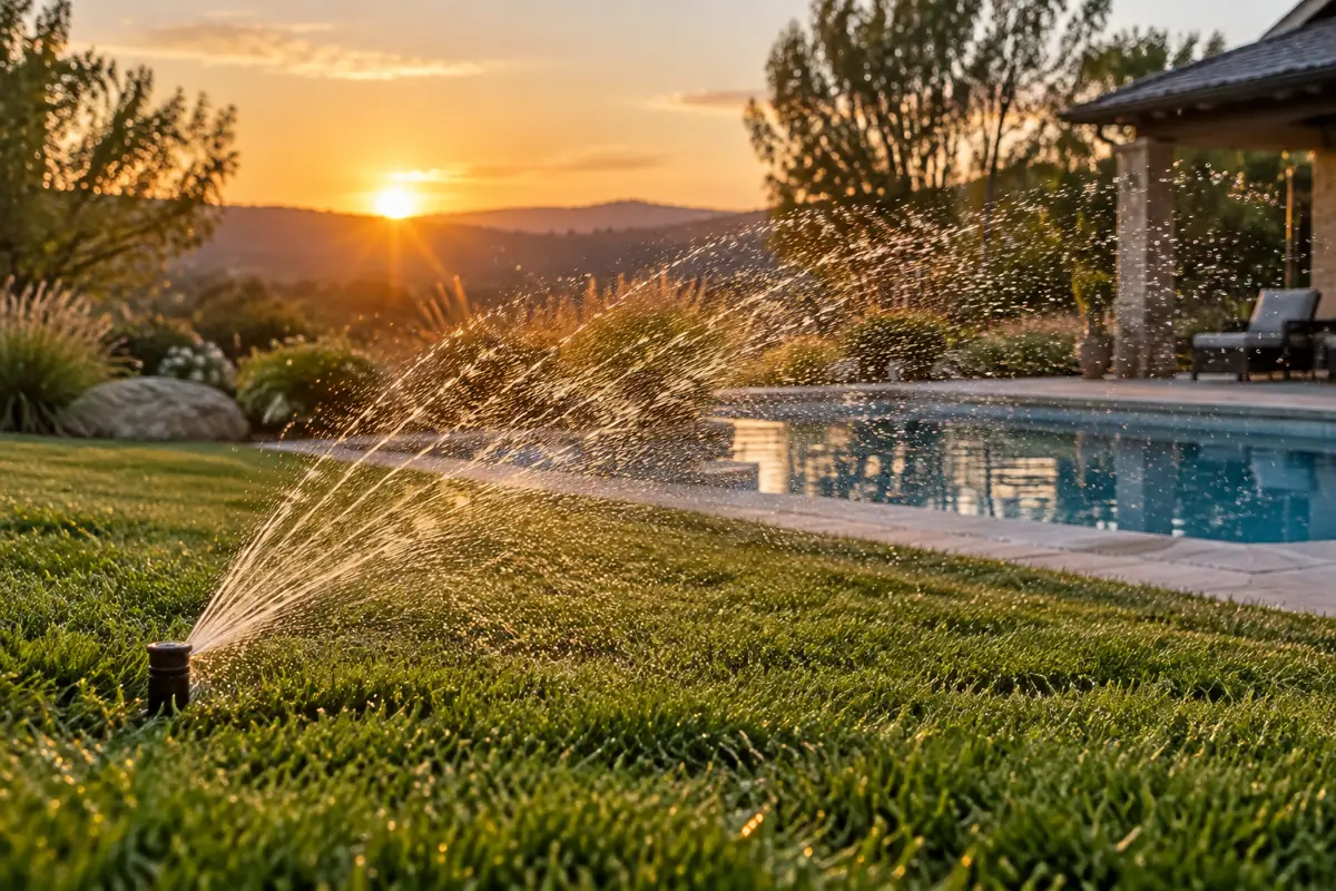 Lawn sprinklers at dusk; several cities now limit sprinkler watering to 1 to 3 assigned days a week.