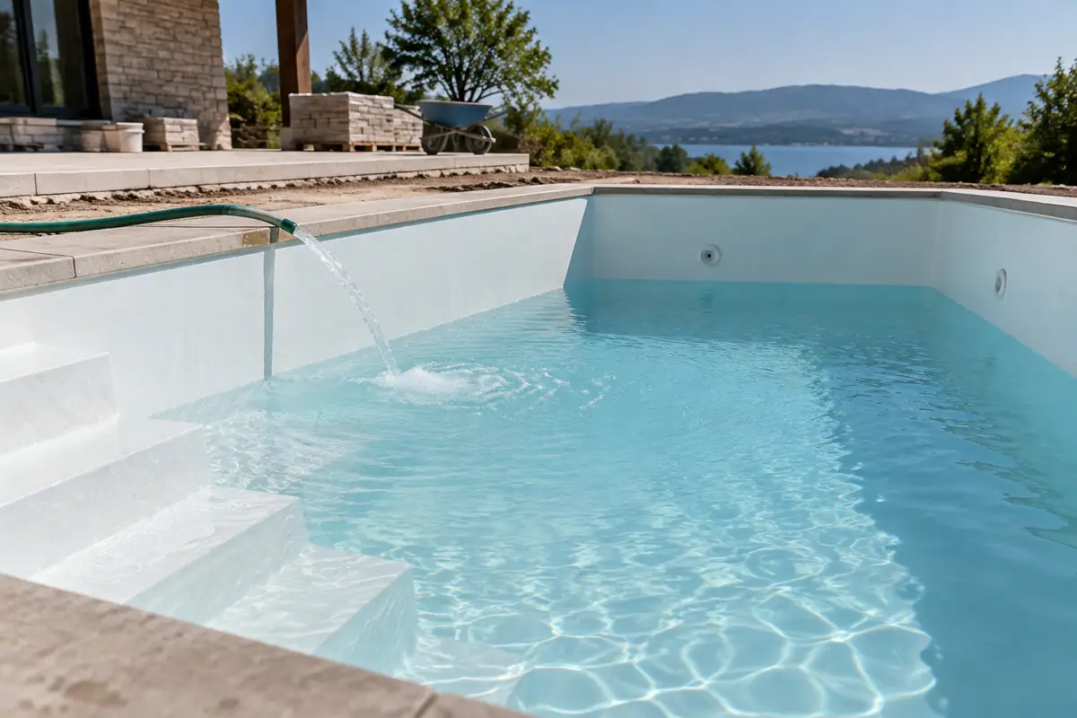 A freshly plastered pool filling with water; the first weeks of start-up need careful acid dosing.