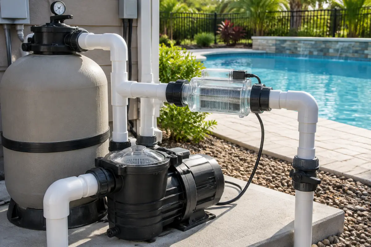 A salt chlorine generator cell on the return line; its electrolysis byproducts push pool pH upward.