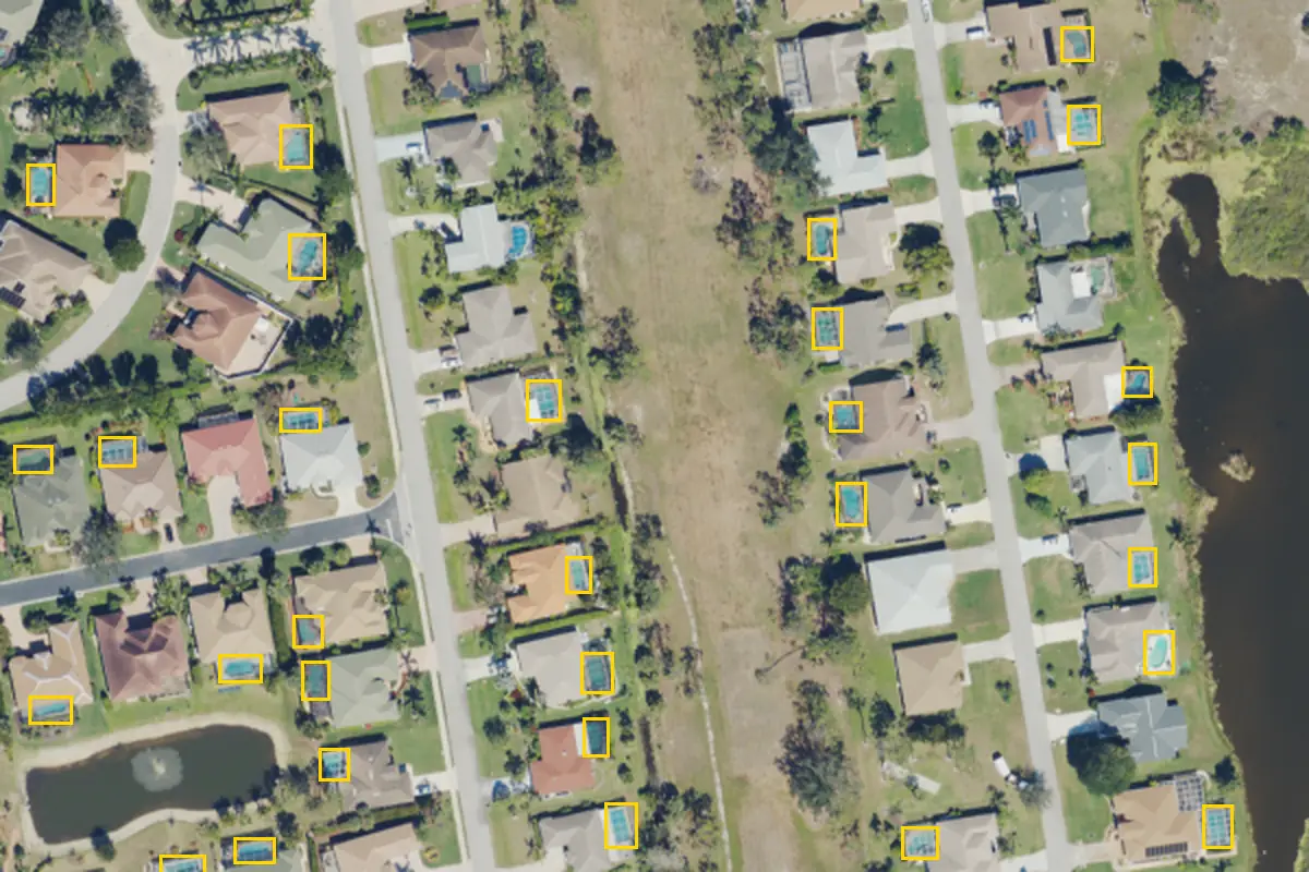 USDA NAIP imagery (public domain), 2023, Cape Coral-Fort Myers; boxes show PC&S detector output