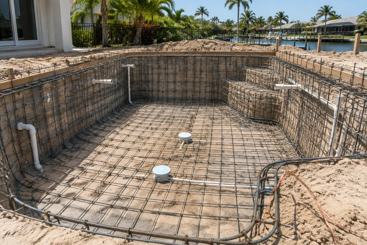 Rebar, main drains and copper bonding tails stay exposed until the city's pool steel and grounding inspections pass.