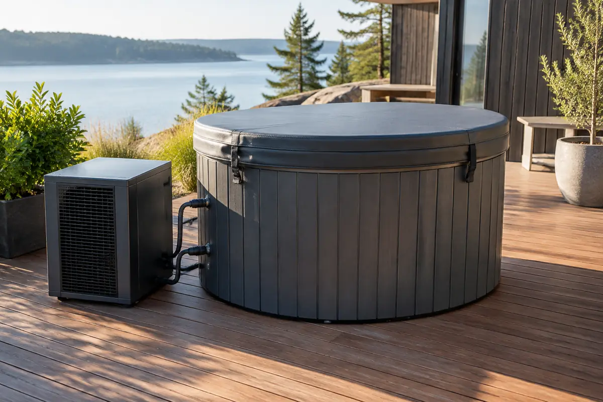 A freestanding cold plunge tub on a wood deck: a product purchase, not a pool build.