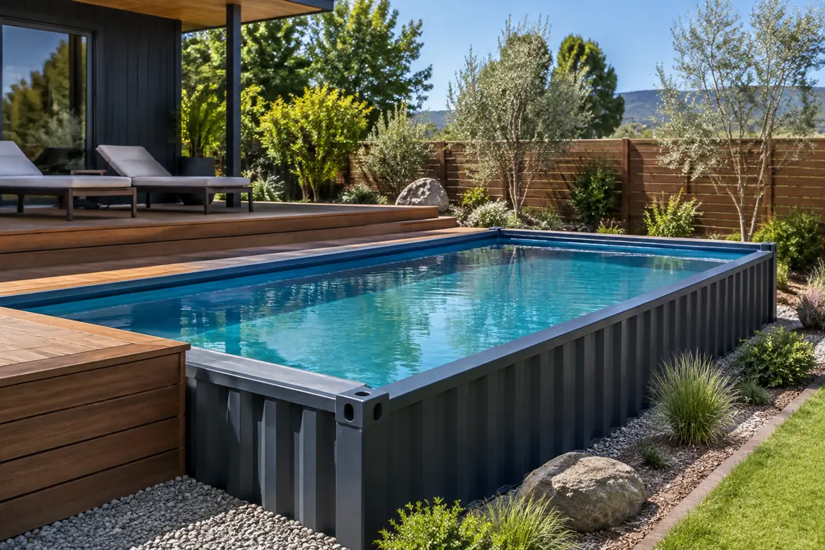 A steel shipping container pool set partly in the ground beside a deck; HomeGuide prices container plunge pools at $27,000 to $46,000 installed.