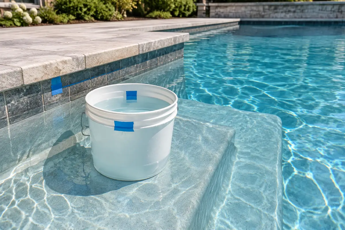 The bucket test compares the pool's water loss with a bucket of water exposed to the same conditions.