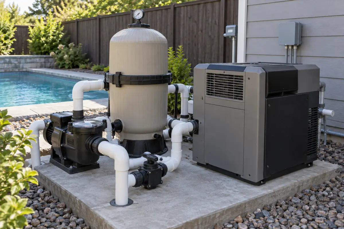 Pump, filter and heater on an equipment pad: the technician reads the filter gauge and checks for leaks here each visit.