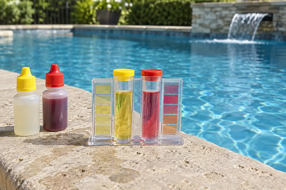 A drop-based test kit lets owners check chlorine and pH between weekly service visits.
