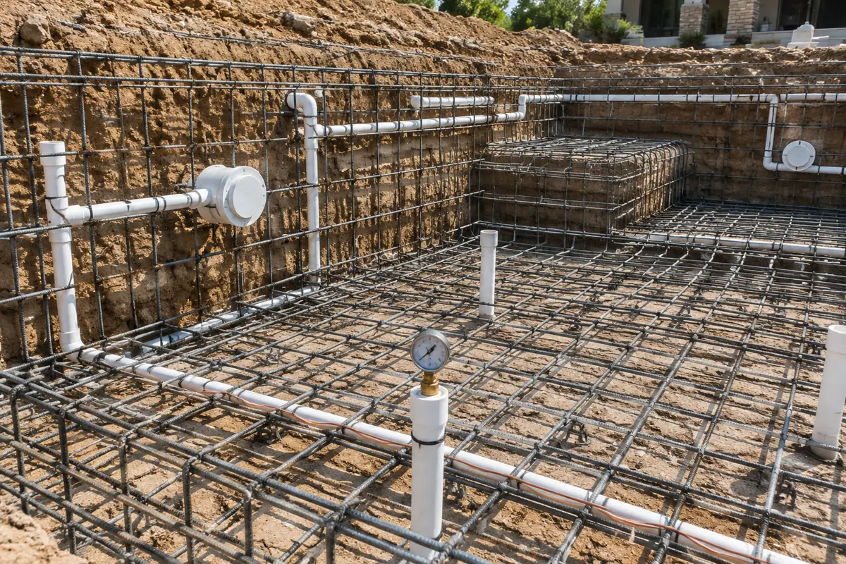 Steel, plumbing and bonding are inspected before any concrete is sprayed (City of St. Helena pre-gunite inspection).