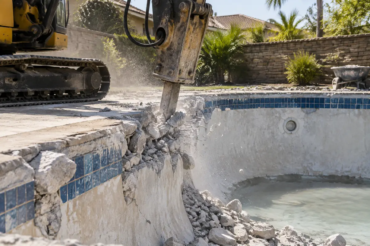 Pool demolition usually means breaking the shell and hauling or burying the debris before backfill.