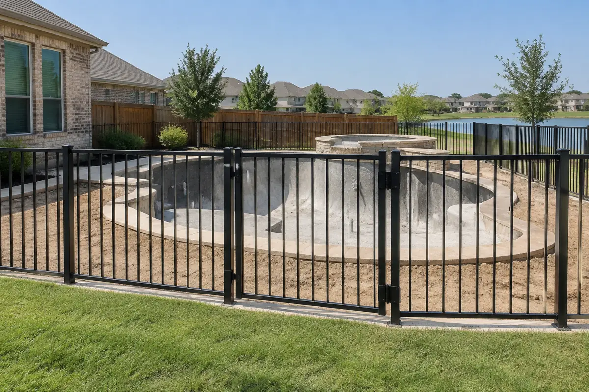 Dallas requires an inspected barrier at least 48 inches high before a new pool is plastered or filled.