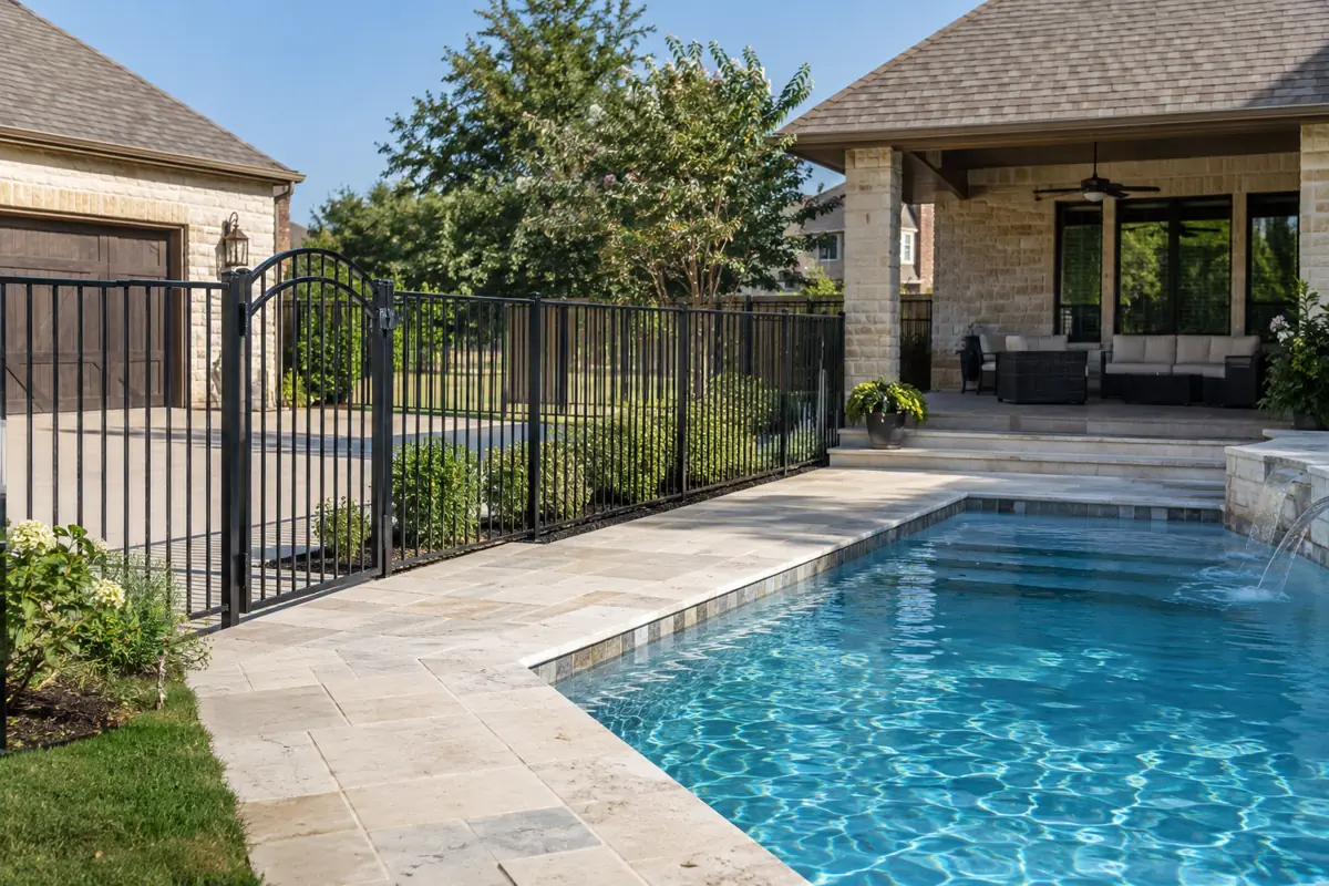 Houston plan review checks every fence and gate in the pool enclosure; driveway gates cannot be part of it.