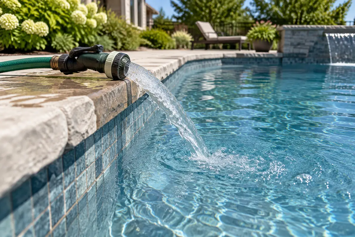 A garden hose at 12 to 15 gallons a minute needs about a day to fill a 20,000-gallon pool.