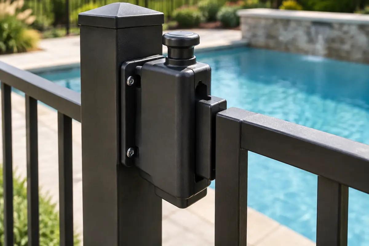 A pool gate latch mounted high on the gate, out of a young child's reach.