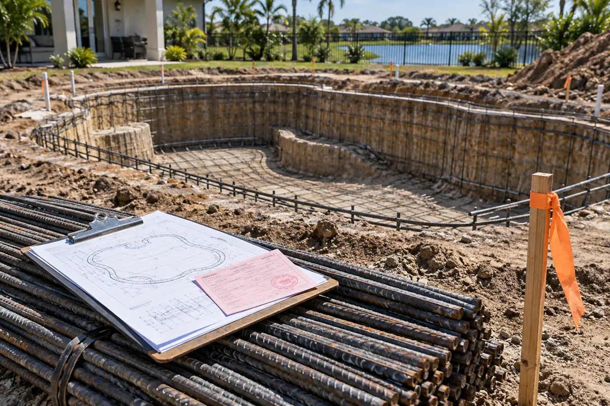 Permit plans on a residential pool job site. Each counted record is one building or pool permit for a new in-ground pool.