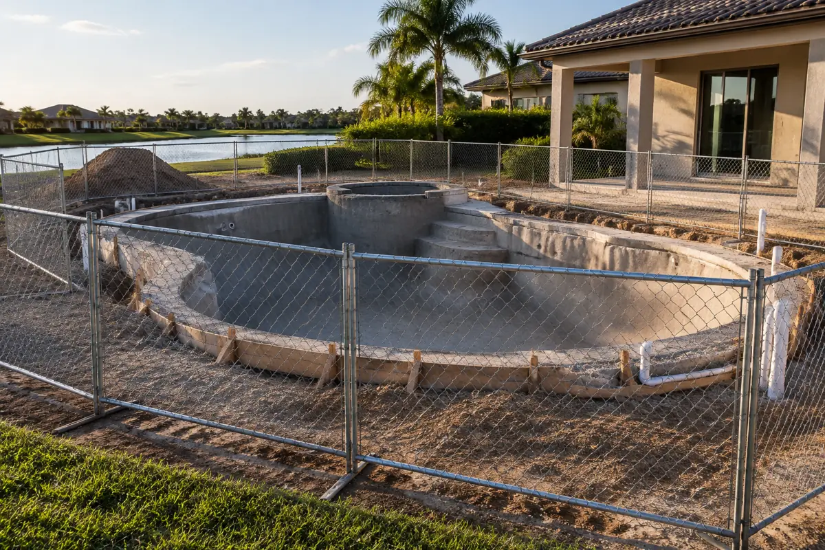 Construction fencing at least 4 feet high is required from excavation until the permanent barrier is complete under the 2021 ISPSC.
