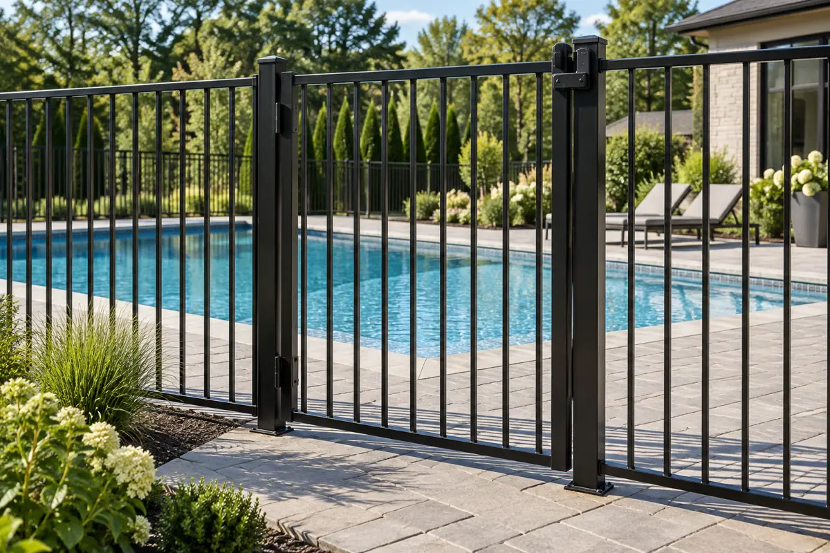 A self-closing, self-latching gate is part of most barrier rules; decide the fence before the deck is poured.