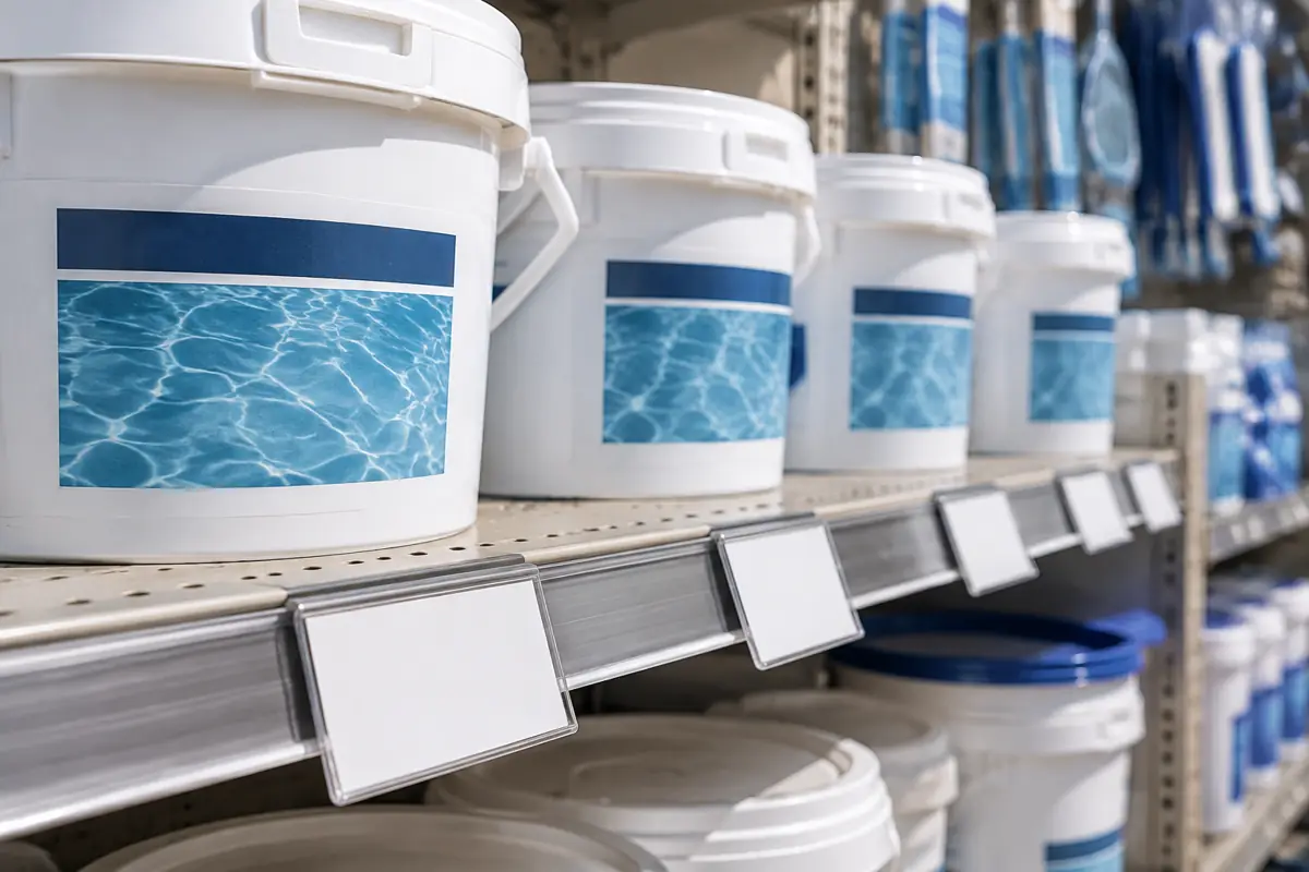 Per pound, a 5 lb bucket of 3-inch tablets cost about twice as much as a 50 lb bucket at Leslie's in September 2026.