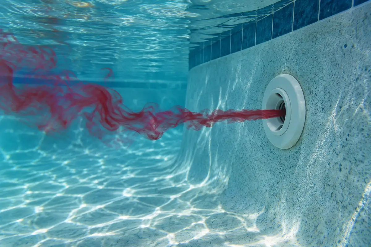 A dye test near a return fitting: leak specialists use dye and pressure tests to find where water escapes.