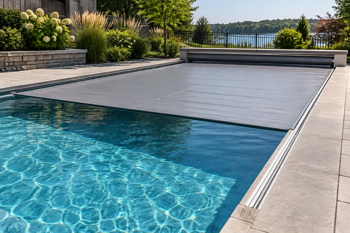 Automatic covers run in tracks along the pool edge and close with a key switch.