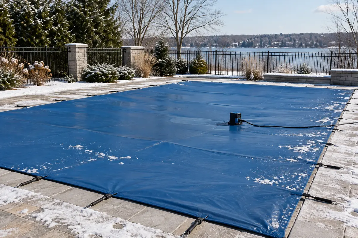 Solid covers keep debris out but need water pumped off the top.