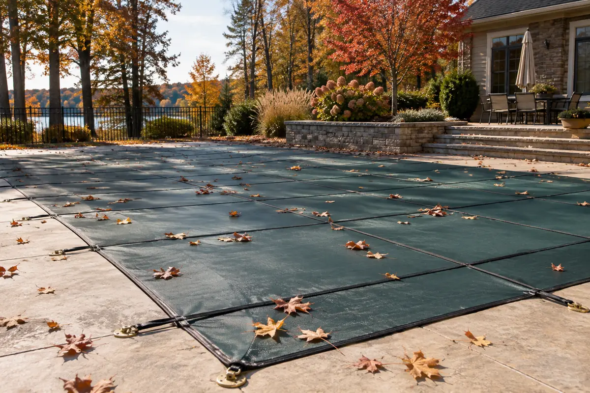 A safety pool cover, one of the safety feature options listed in the Florida and California statutes.