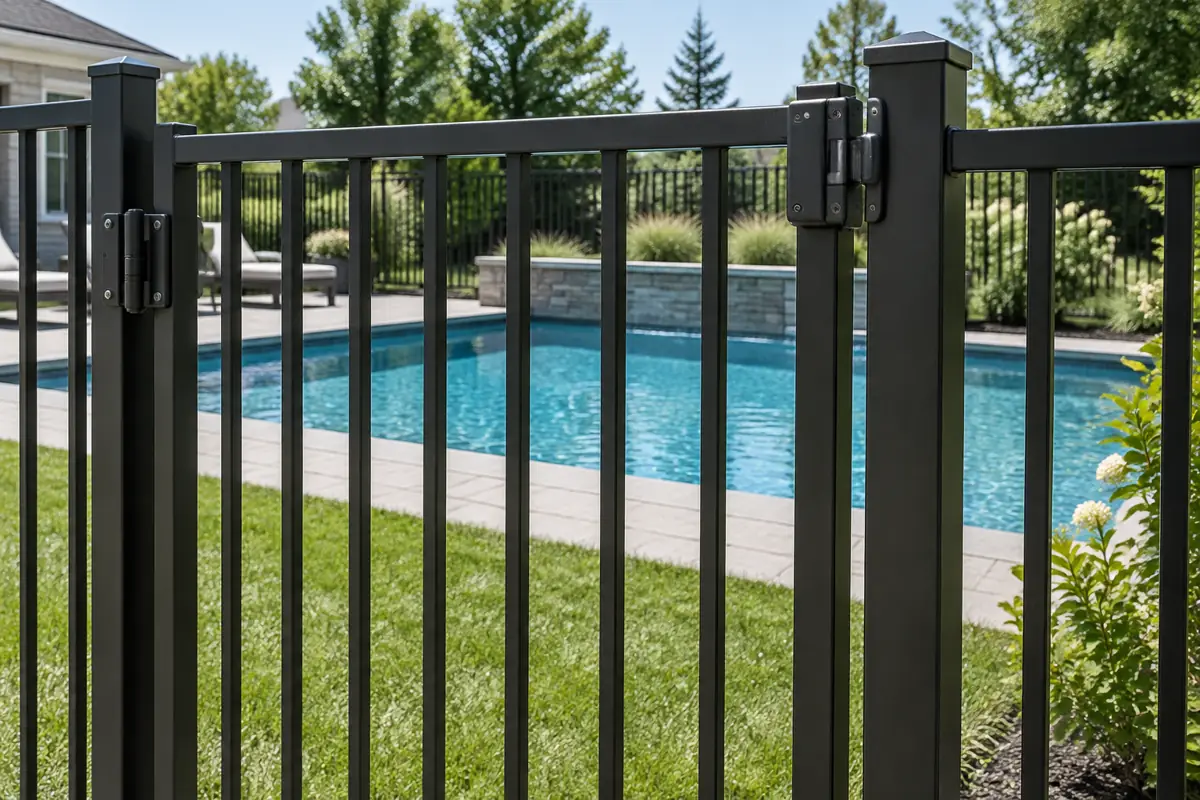 A self-closing, self-latching gate on a residential pool fence, one of the barrier types named in state pool safety statutes.