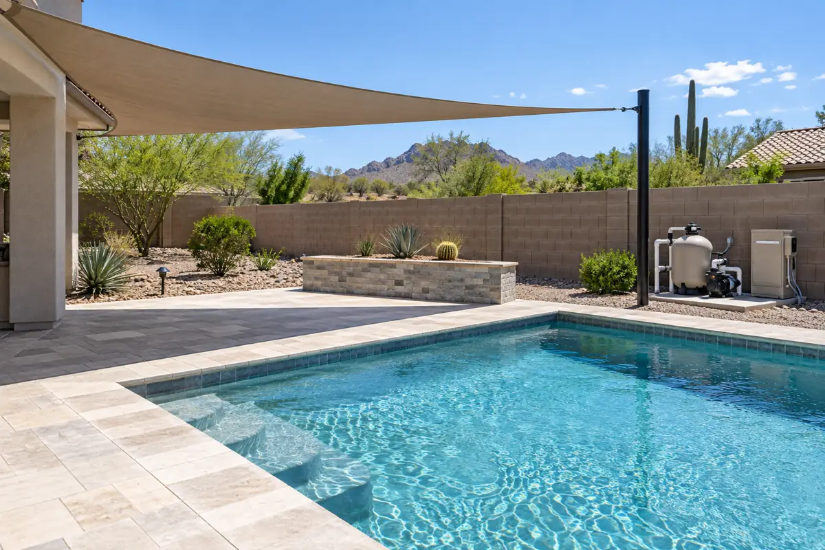 Shade and light-colored decking matter in a city that averages 111.3 days a year at 100F or more.