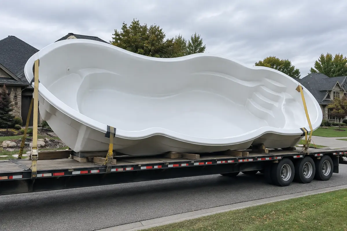 A one-piece fiberglass shell on a trailer: road limits keep shells to about 16 ft wide.