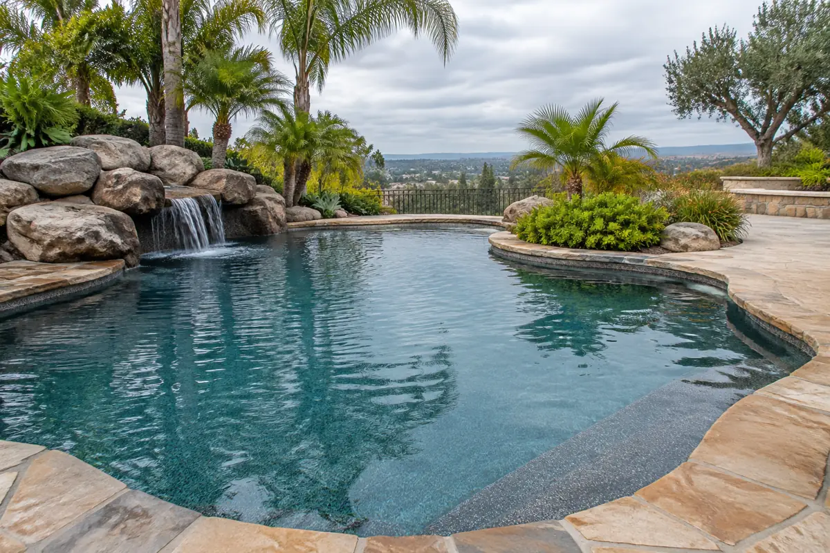 A freeform lagoon pool with curved stone coping following the slope of the yard.