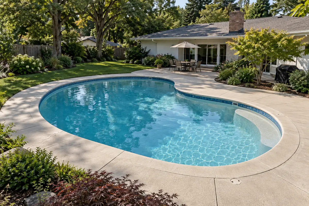 A classic kidney pool seen from above, with the bench nook in the inside curve.