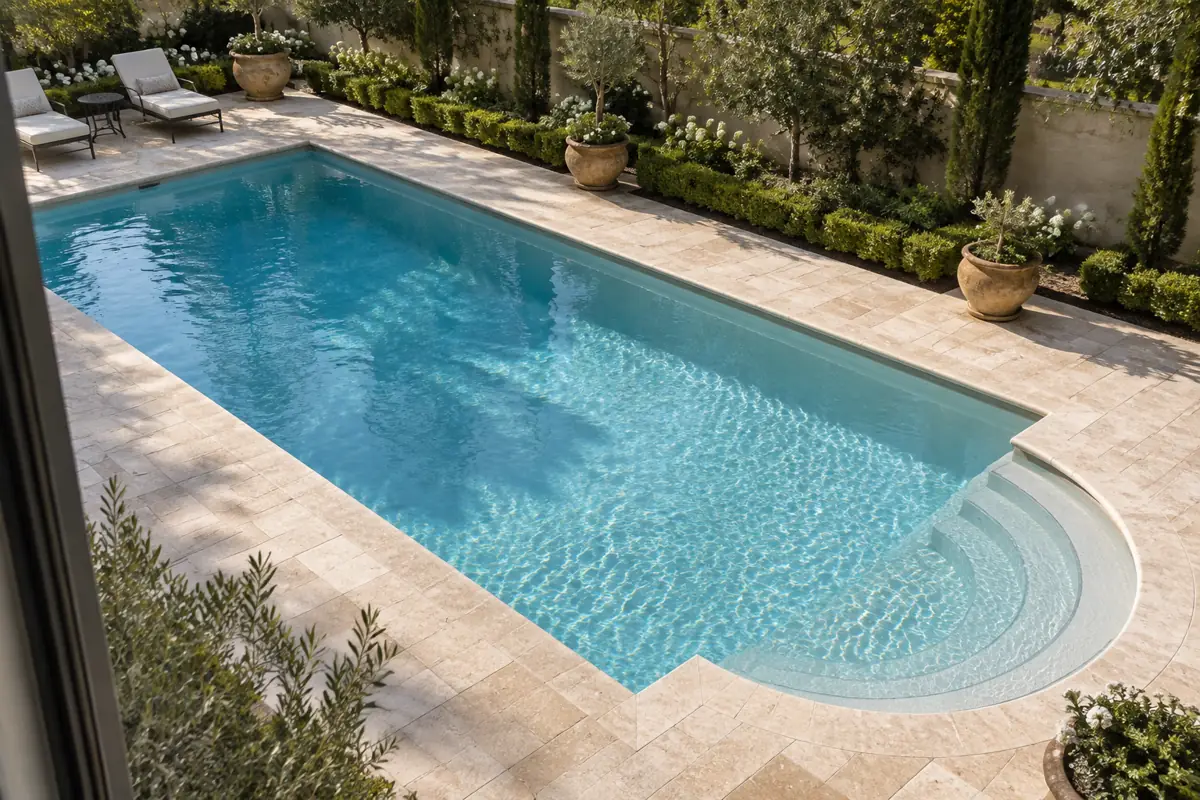 A Roman-style pool: a rectangle with a rounded end that holds wide entry steps.