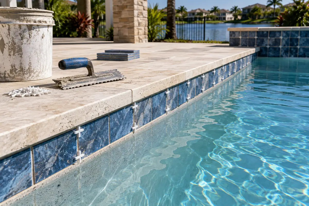 Tile, coping and decking can sit outside the pool permit value in some cities.