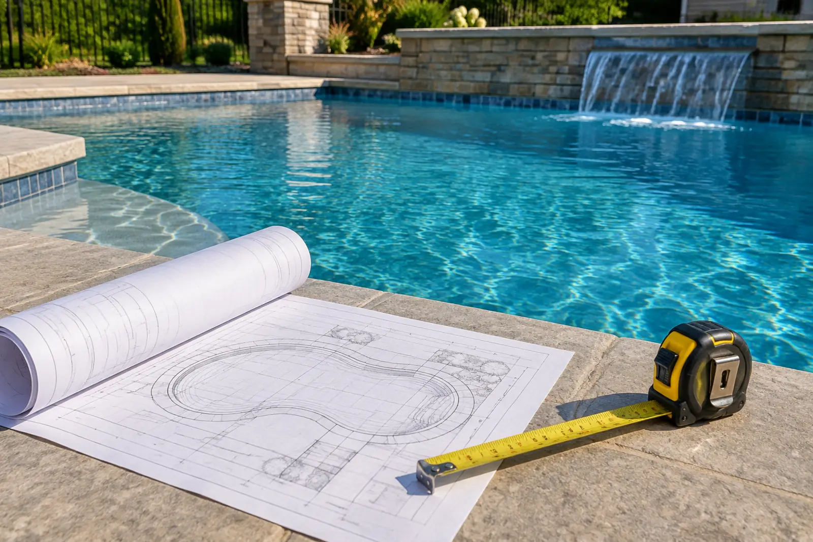 Rolled pool construction plans and a tape measure on pool coping beside the water