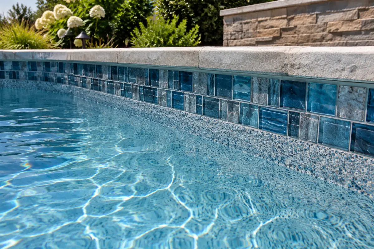 A renovated pool with a pebble interior and new waterline tile.